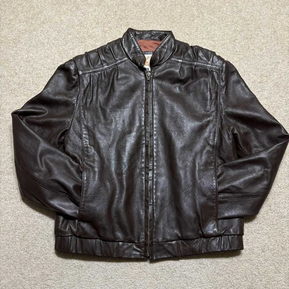 Overland Sheepskin Co Jacket Womens 10 Brown Leather Bomber Full Zip Collared - Picture 12 of 12